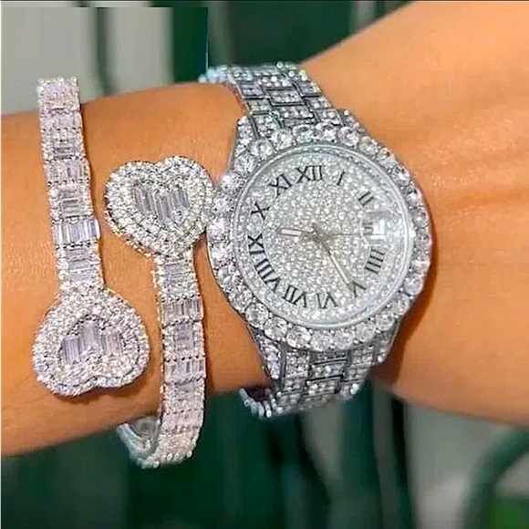 Open Heart Silver Baguette Iced Out Cubic Zircon Diamond Bangle Cuff Bracelet - Picture 8 of 13